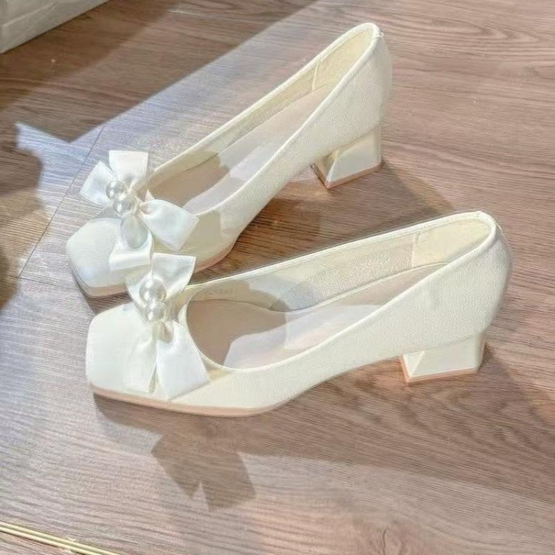 Soft Leather French Square Toe High Heels Women's New Temperament Pearl Bow Soft Sole Block Heel Single Shoes