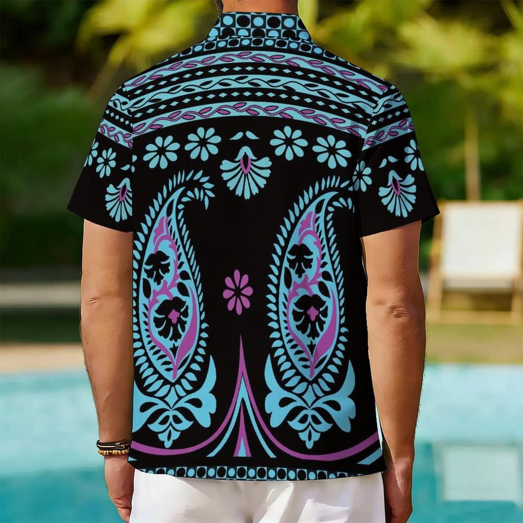 Women Short Sleeve Shirt Purple Blue Paisley Floral Ethnic Print Lapel Button Up Top