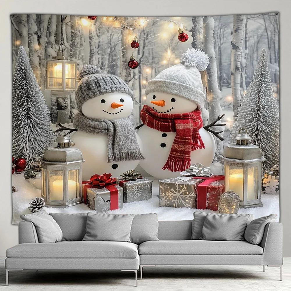 Cute Snowman Christmas Tapestry Xmas Tree Gifts Red Curtains Window Winter Scenery New Year Home Living Room Decor Wall Hanging