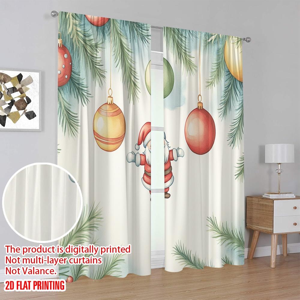2pcs,2D Plane Printing Window Curtain Christmas Ornaments Santa Claus Watercolor Durable 100% Polyester Fabric (without Rod)