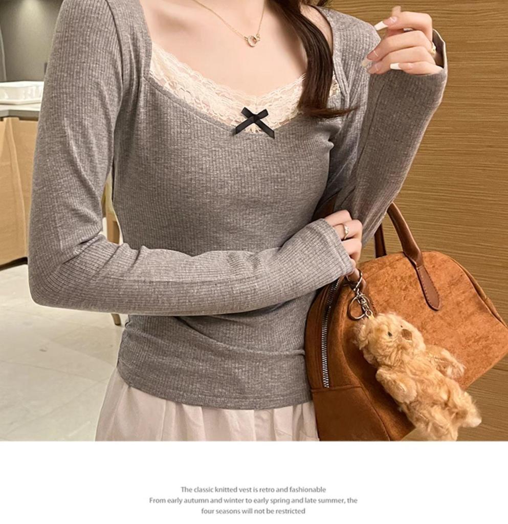 Lace Spliced Brushed Warm Long-Sleeve Women's T-Shirt, Slim Fit, Perfect for Autumn/Winter Layering or Solo Wear.