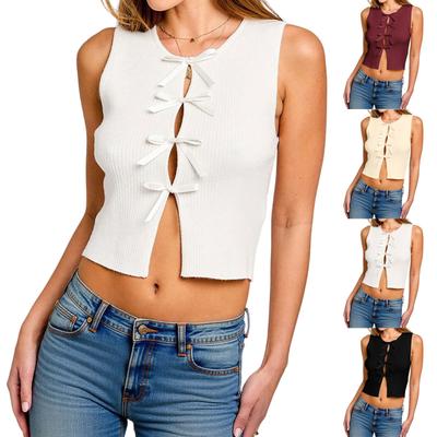 Women's Casual Fashion Sleeveless Bow Decorated Hollow Round Neck Slim Fit Vest Top