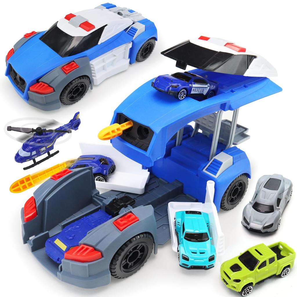 Car Toy Police Car Toy 8PCS Assembled Transformable Large Patrol Car Working Car Helicopter Small Police Car Included Emergency Vehicle Transforming