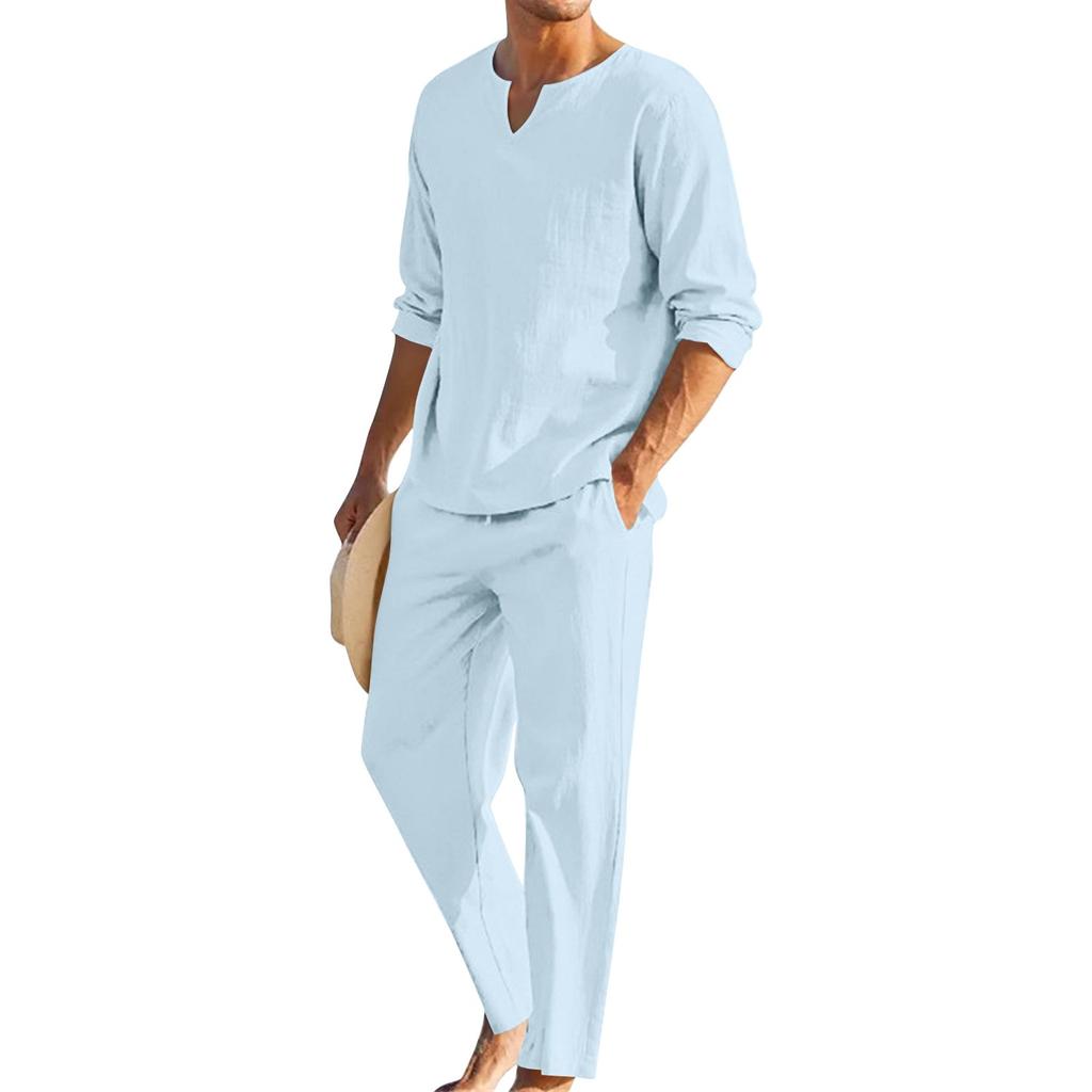 Men's Summer Cotton Linen Color Loose V-Neck Long-Sleeved Top Trousers Suit