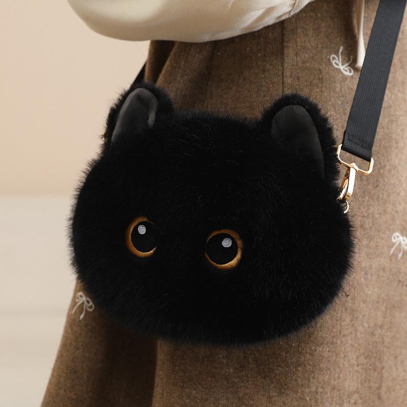 Borsa a tracolla in peluche gatto nero tricolore - Borsa a spalla carina, versatile e regalo di compleanno.