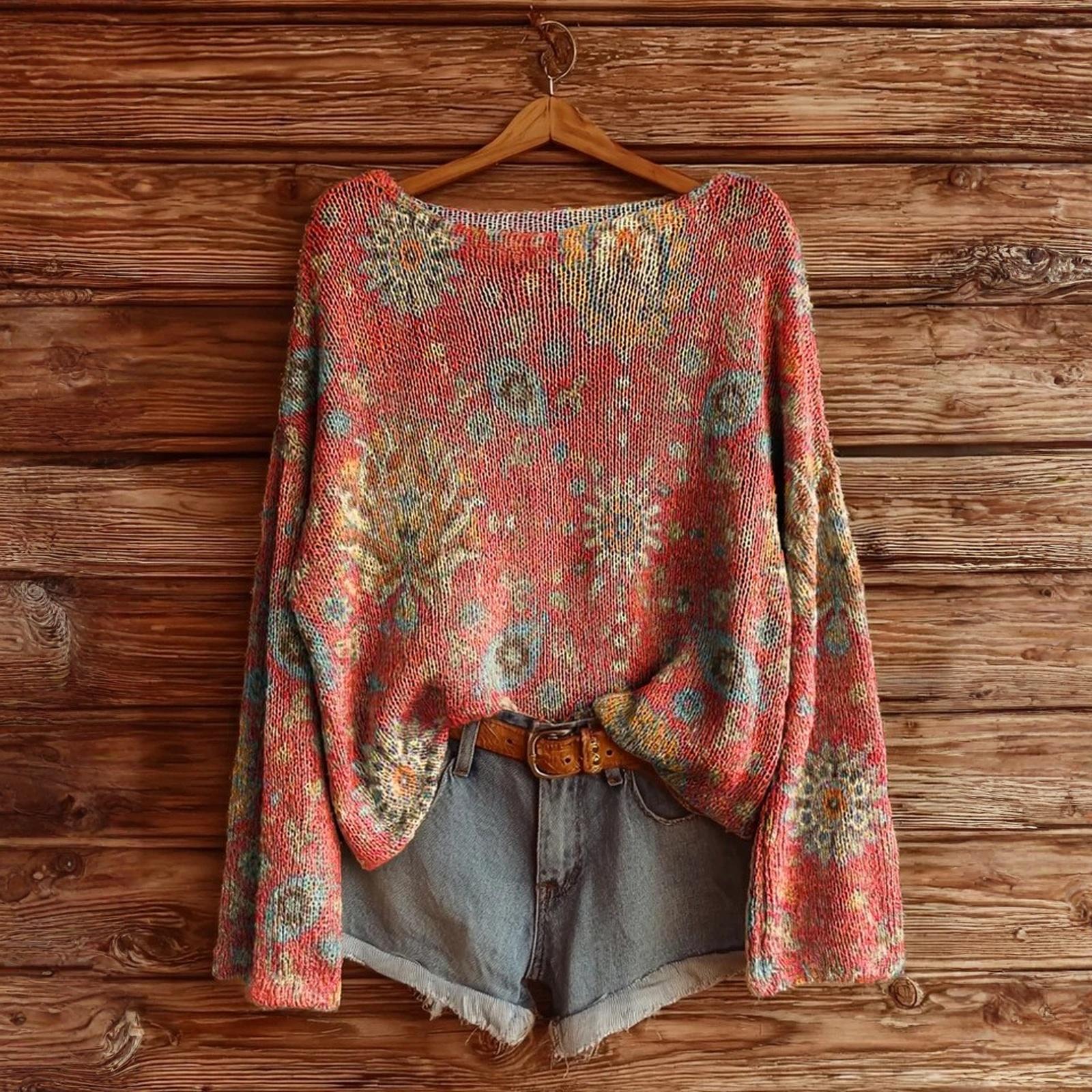 

Women s T-Shirt Vintage Floral Print Round Neck Loose Long Sleeve Mid-Length Thumb Leak Top XL кавун червоний колір