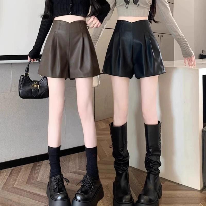 Women's Fall Winter Coffee Mini PU Leather Shorts High Waisted A-Line Wide Leg Petite Outer Wear Base Pants Mini Shorts Versatile Slim Fit Hot Pants