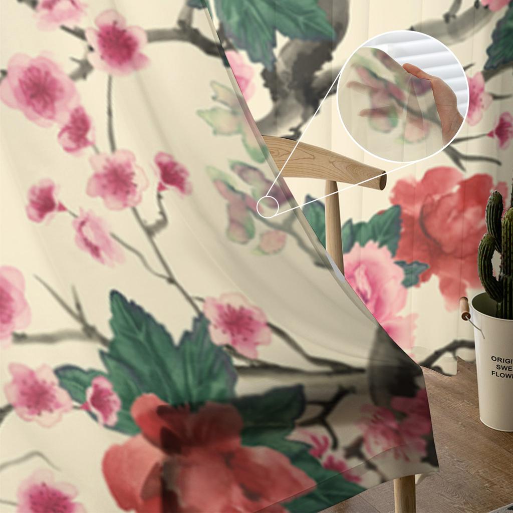Sakura Pfingstrosenblüten in Vintage-Topf Transparente Gardinen für Wohnzimmer Durchsichtiger Tüll Fenstergardine Schlafzimmer Küche Schleier Vorhänge
