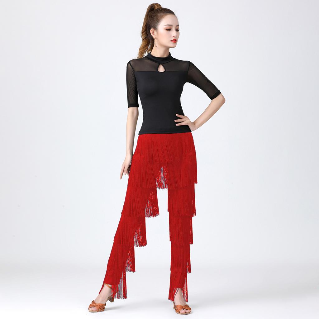 Women's Dancewear Elastic Waistband Tassel Latin Dance Pants Tango Cha-Cha Performance Costume Tiered Fringed Trousers