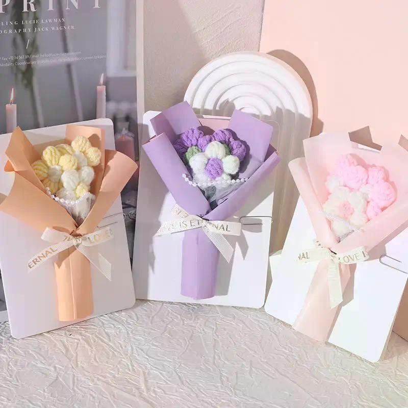 7 Colors Creative Three-dimensional Flower Bouquets Greeting Cards Handmade Cream Puffs Valentine's Day Knitted Flower Bouquets