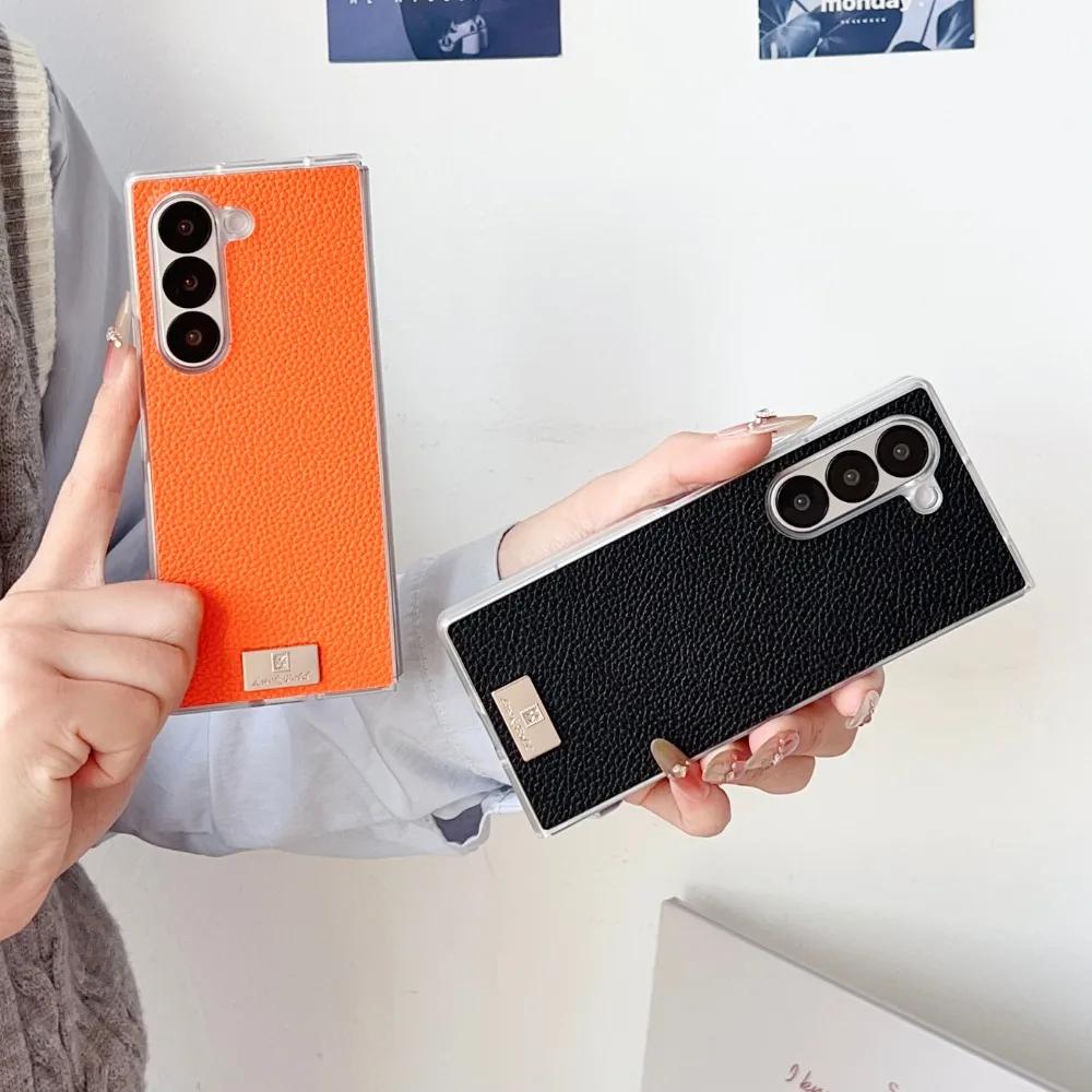 Transparent Edge Phone Case for Samsung Galaxy Z Fold 6 5 4 3 Fold6 Fold5 Fold4 Fold3 PU Leather Hard Shell Protective Cover