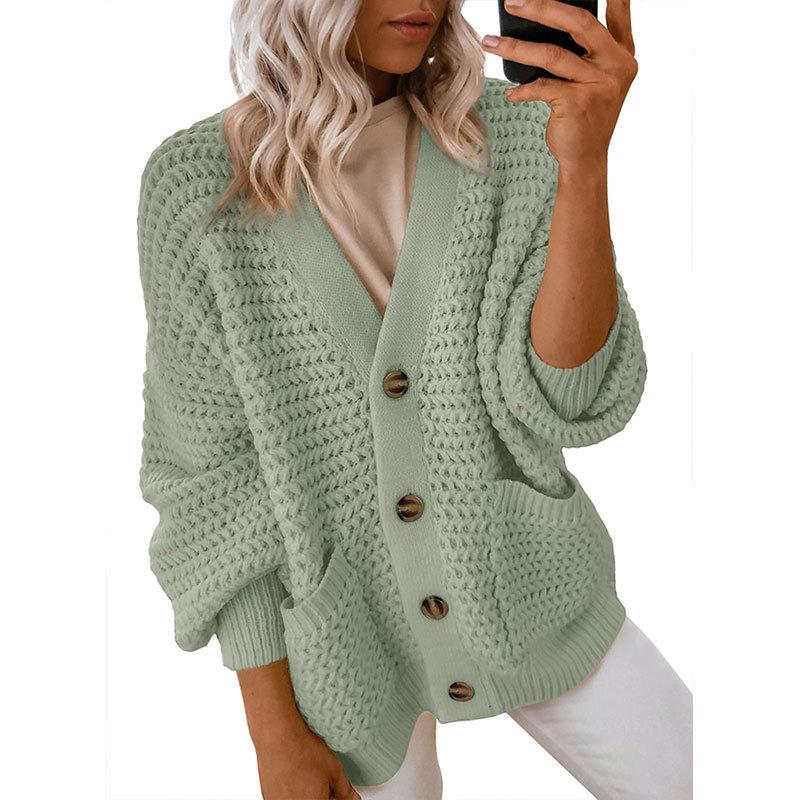 Women S Loose V Neck Lantern Sleeve Button Front Knit Cardigan Sweater