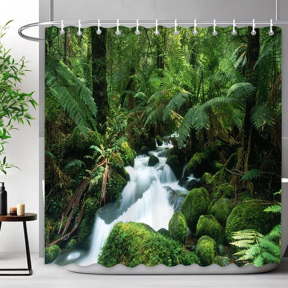 Outdoor Scenic Forest Shower Curtain With Hooks Green Plant Tree Waterfall Landscape Waterproof Shower Curtains Bathroom Decor