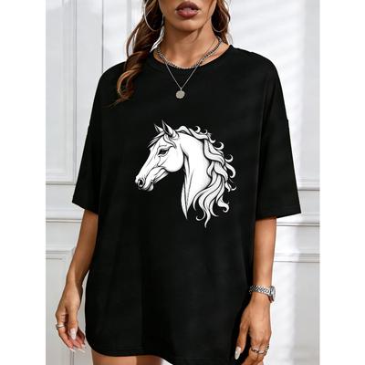 White T-Shirt With Horse Head Print For Casual Wear