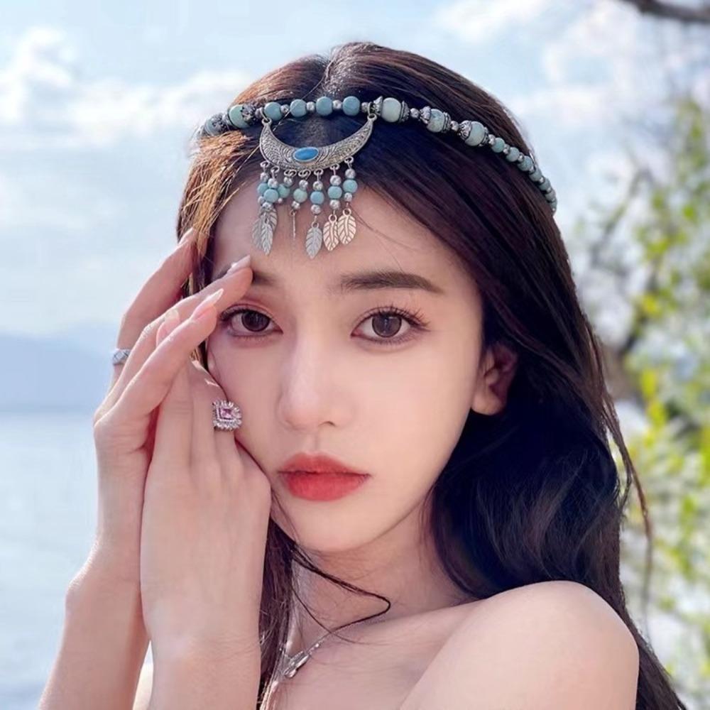 Tibetan Jewelry Bohemia Headwear Ethnic Photo Prop Photography Headband Long Chain Red Stone Hairdress Accessory Gypsy Women