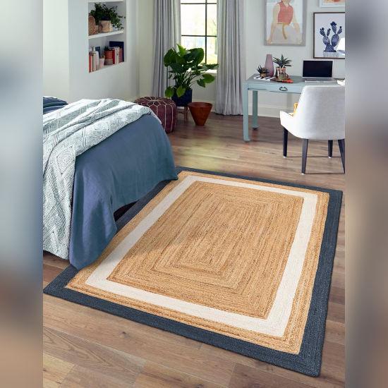Aizza Trends Indian Handmade Braided Navy Blue & White Boder Natural Jute Area Rug- Jute Rug- Dining Room- Living Room