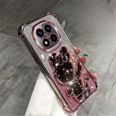 Aynalı Tutuculu Redmi Note 14 Pro Kılıfı Xiaomi Redmi Note 14 15 Pro Plus 15 15C 14C 4G 5G İçin Simli Darbeye Dayanıklı Kapak