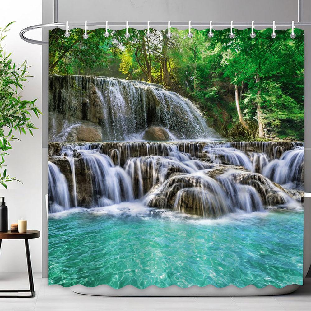 Outdoor Scenic Forest Shower Curtain With Hooks Green Plant Tree Waterfall Landscape Waterproof Shower Curtains Bathroom Decor