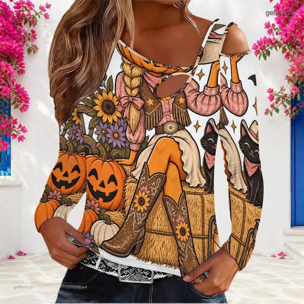 Women Plus Size Asymmetric Cutout Neck Cold Shoulder Long Sleeve Cartoon Panda Halloween Print Top