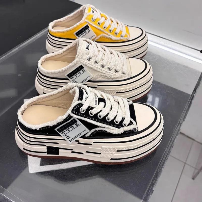 Women's Slippers Canvas Platform Sole Lace-up Decoration Round Toe Women's Mules Leisure Dress One Kick 2025 Zapatillas De Mujer