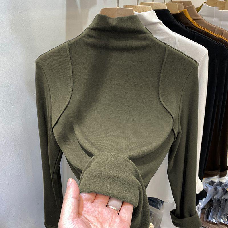 Cămașă de damă cu gât înalt, cu mâneci lungi, slim-fit, stil european, cu căptușeală din catifea germană periată pentru toamnă și iarnă