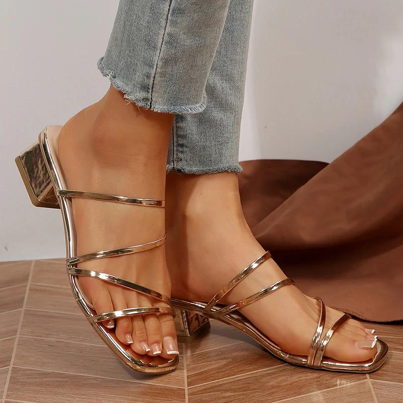 Fashion 2025 New Gold High Heel Slippers for Women Summer Fashion Square Toe Chunky Heeled Sandals Woman Comfort Slip On Sandalias Mujer