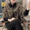 Höst Vinter Leopardtryck Ullkappa Kort Stil Dragkedja Koreansk Stil Mode Kofta Topp