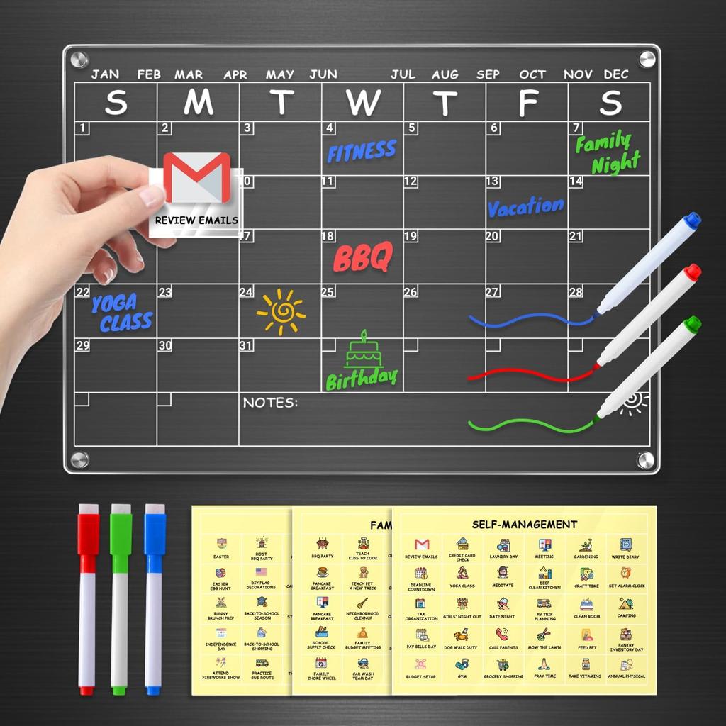 Acrylic Calendar for Fridge with 3 Packs Stickers & 3 Markers - Clear Magnetic Calendar for Refrigerator, Dry Erase Calendars for Fridge Whiteboard,