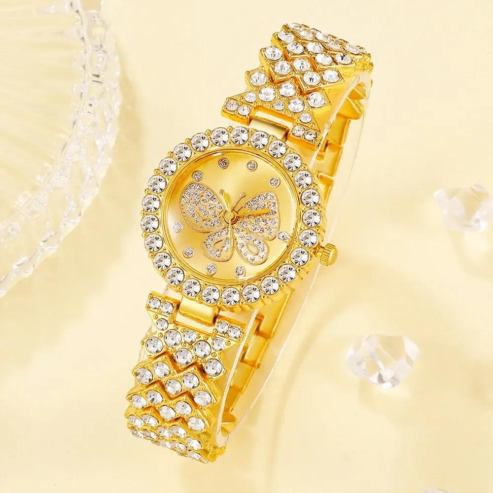 Fashion Faux Three-eye Watch with Inlaid Diamond Steel Strap for Women; Quartz Jewelry Watch Set Without Gift Box, Suitable for