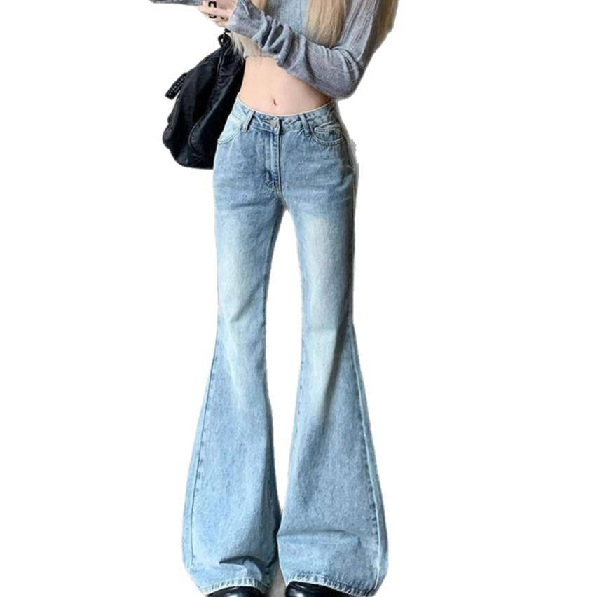 Light Blue Micro Flare Jeans Female Spring High Waist Loose Skinny Retro Wide Legged Dragging Trousers Tide Jeans for Women Long Denim Pants