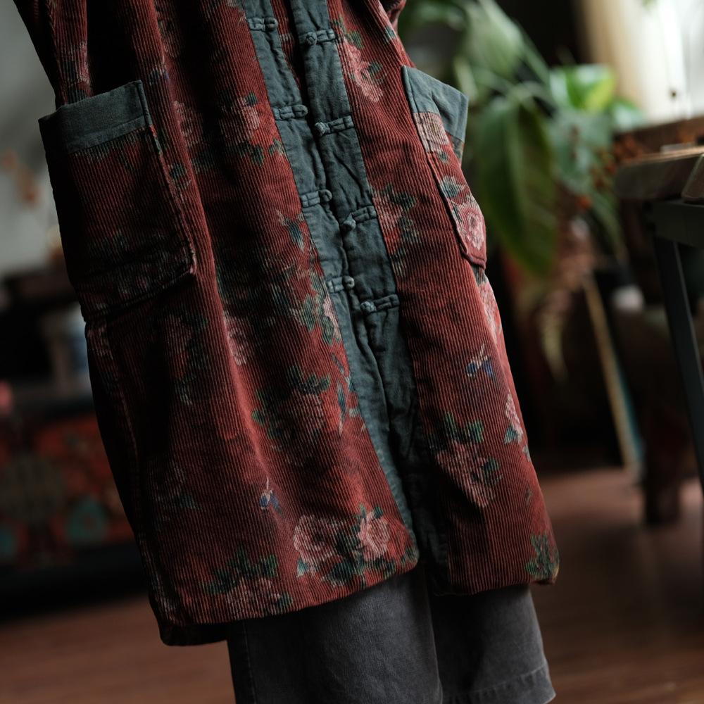 Johnature Women Vintage Red Floral Corduroy Warm Button Long Sleeve Pockets Coats Winter Chinese Style Coats
