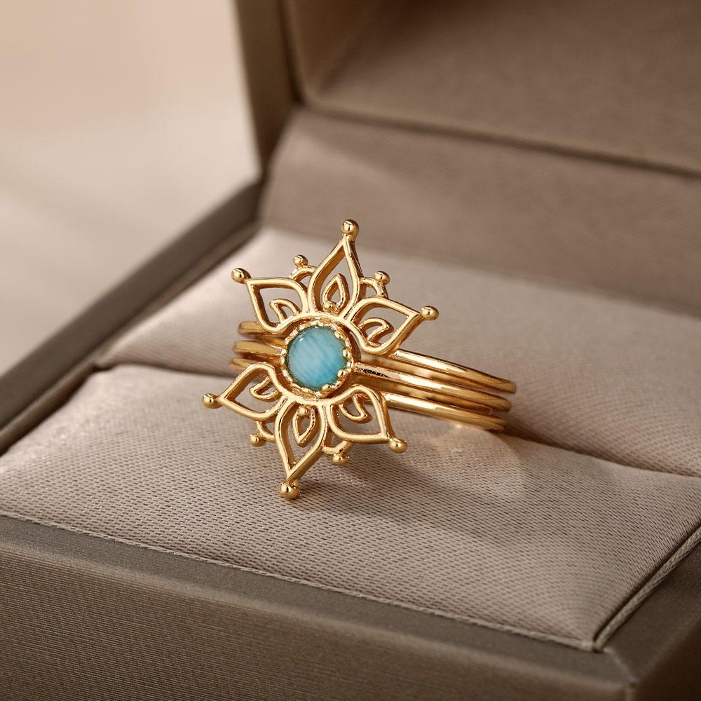 Vintage Opal Sun Rings For Women Gold Color Stainless Steel Sun Ring Wedding Party Jewelry Gift Accessories Best Friend