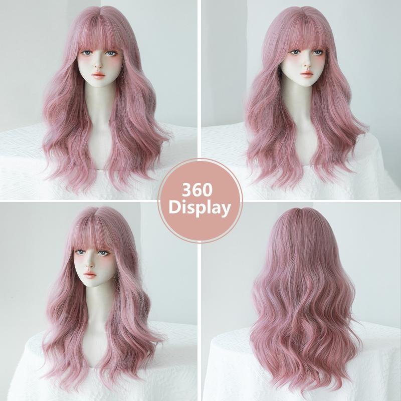 Professional  WIGS Long Body Wavy Sakura Pink Wig for Sweet Girl High Density Synthetic Loose Curly Hair Wig with Bangs Beginner Friendly