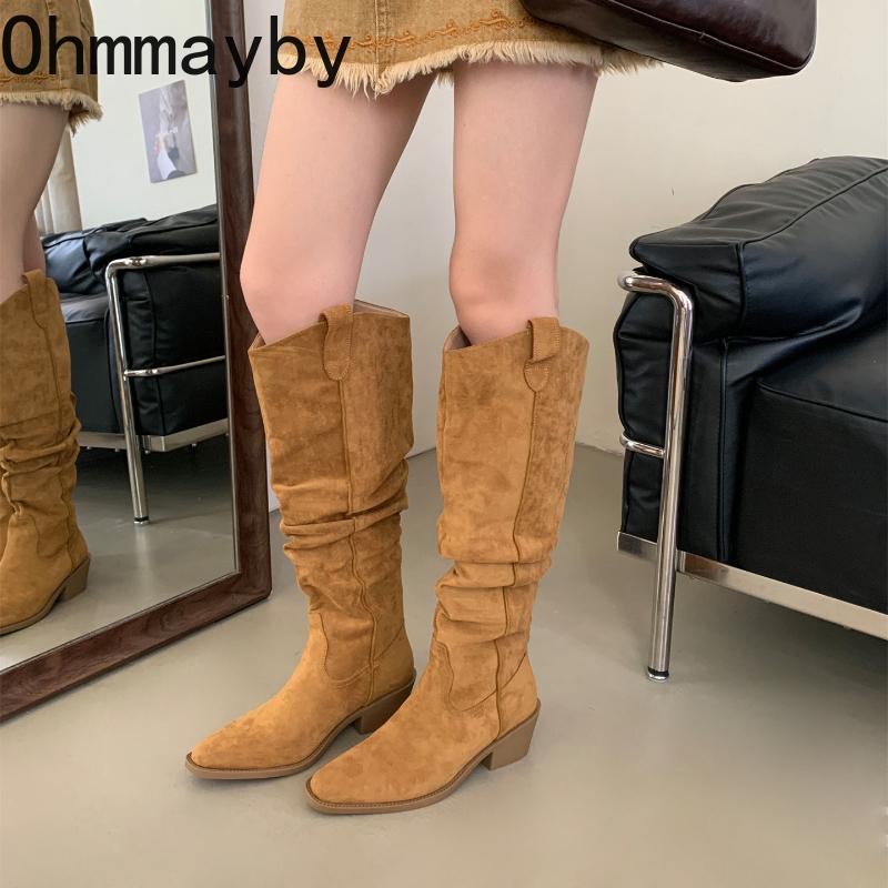Retro Pointed Toe Pleated Women Western Cowboy Concise Thick Heels Female Slip on Long Booties De Muje