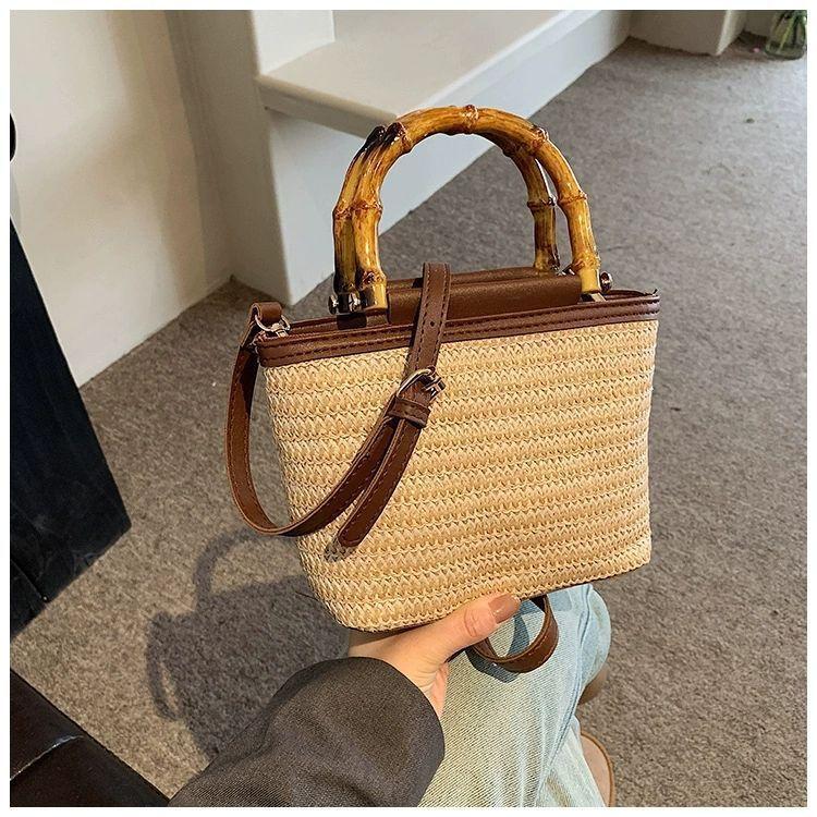 High-End Bamboo Handheld Straw Bag for Women, Niche Versatile Crossbody Woven Bucket Bag, Summer Casual Woven Bag