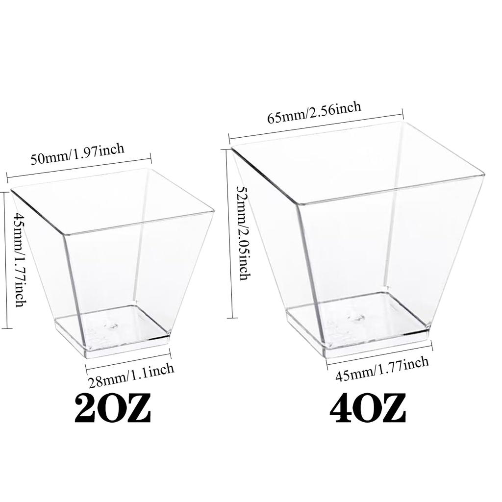 50PCS 2/4OZ Plastic Dessert Cups with Spoons Clear Mini Square Tumbler Cups for Mousse Pudding Appetizer Party Supplies