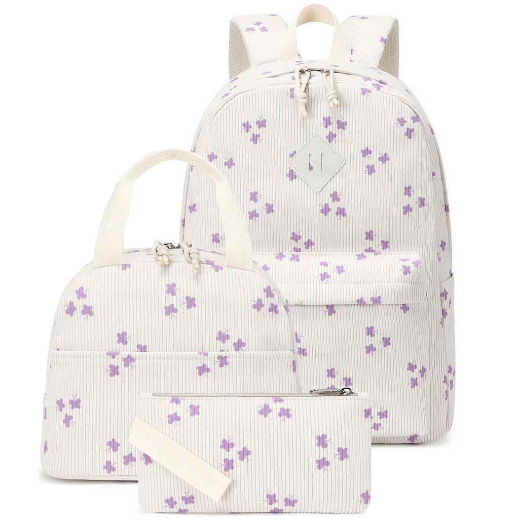 2026 New High Quality Corduroy 3-Piece Backpack Set for Girls Lightweight Floral Printed Primary School Student School Bags