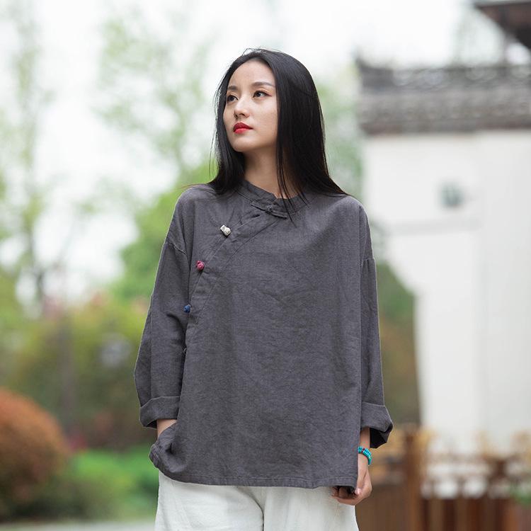 

Женская ретро рубашка из хлопка и льна на весну/лето 2025 с воротником-стойкой и дизайном в стиле колор-блок One Size серый/дым