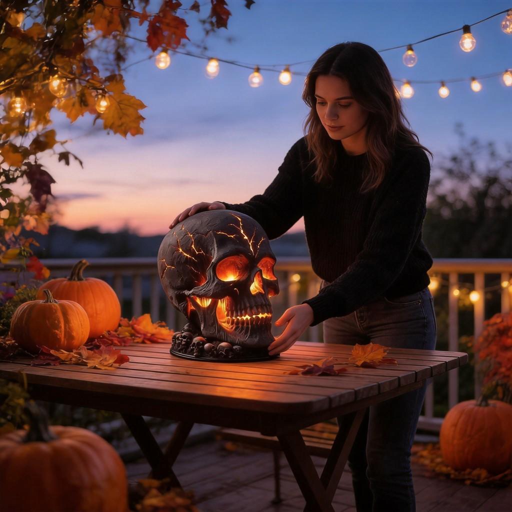 Halloween Skull Light Resin Garden Decor With Led For Outdoor Yard Ambiance