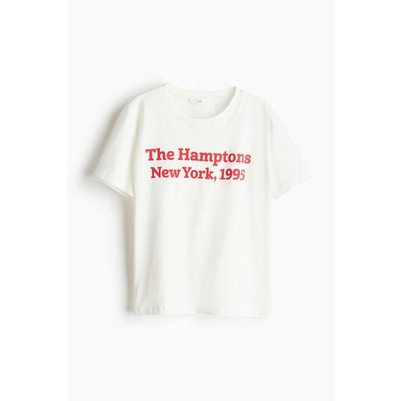 

HM Women s T-shirt Autumn Common Style round Neck Rib Edge Soft Cotton Fit Short Sleeve Tops 0979329 White/The Hamptons 170/116A(XL)