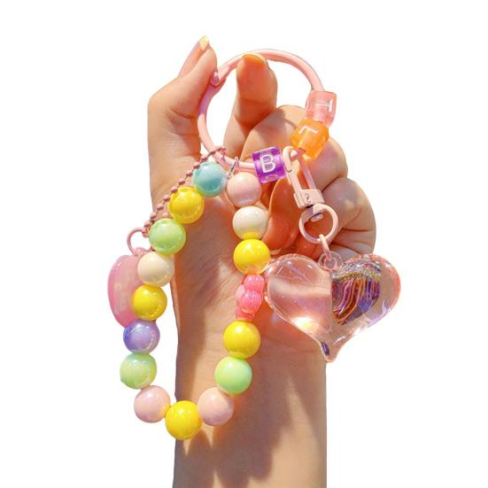 Beaded Keychain Highly Saturated Macaron Color Beads Key Chain with Transparent Colorful Heart Pendants Anti-Lost Mobile Phone Chain Bag Hanger