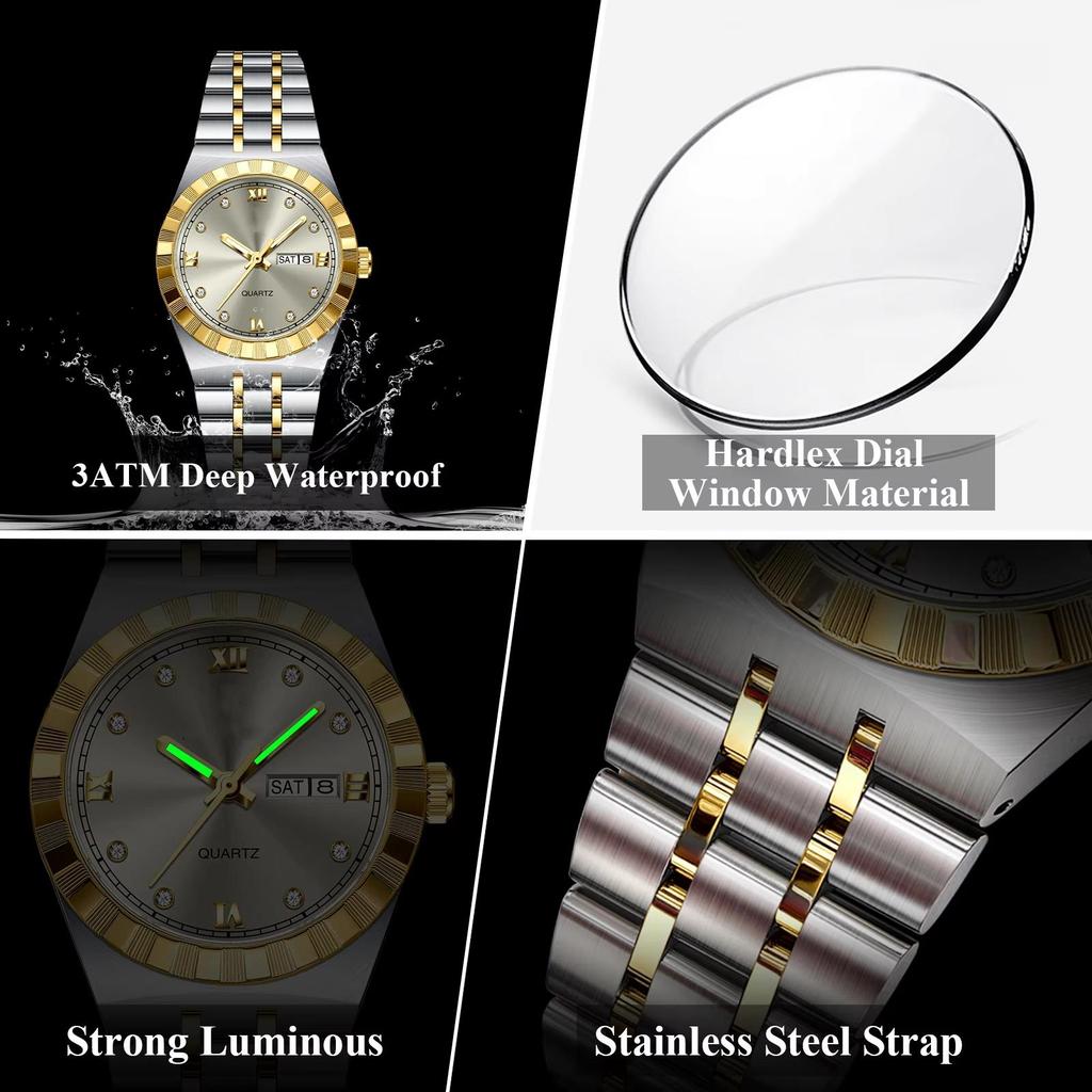 Women Quartz Watch Luminous Waterproof Week Date Wristwatch Stainless Steel Watches