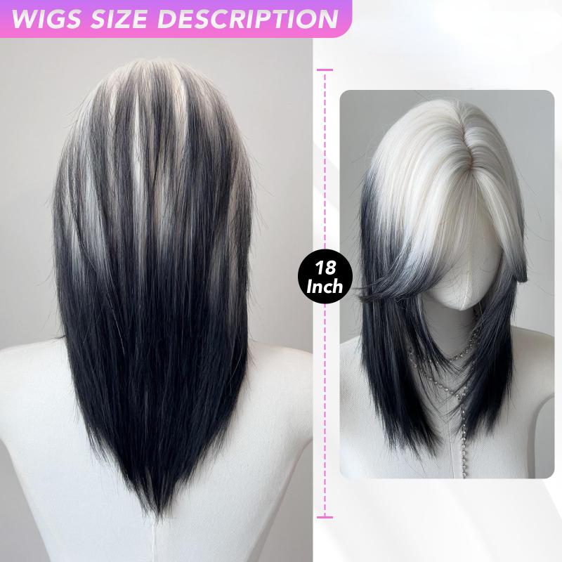 18 Inch Black And White Mullet Head Wig  Synthetic Straight Fluffy Natural Wolf Tail Hair for Daily Use Party Cosplay Korean Fashion