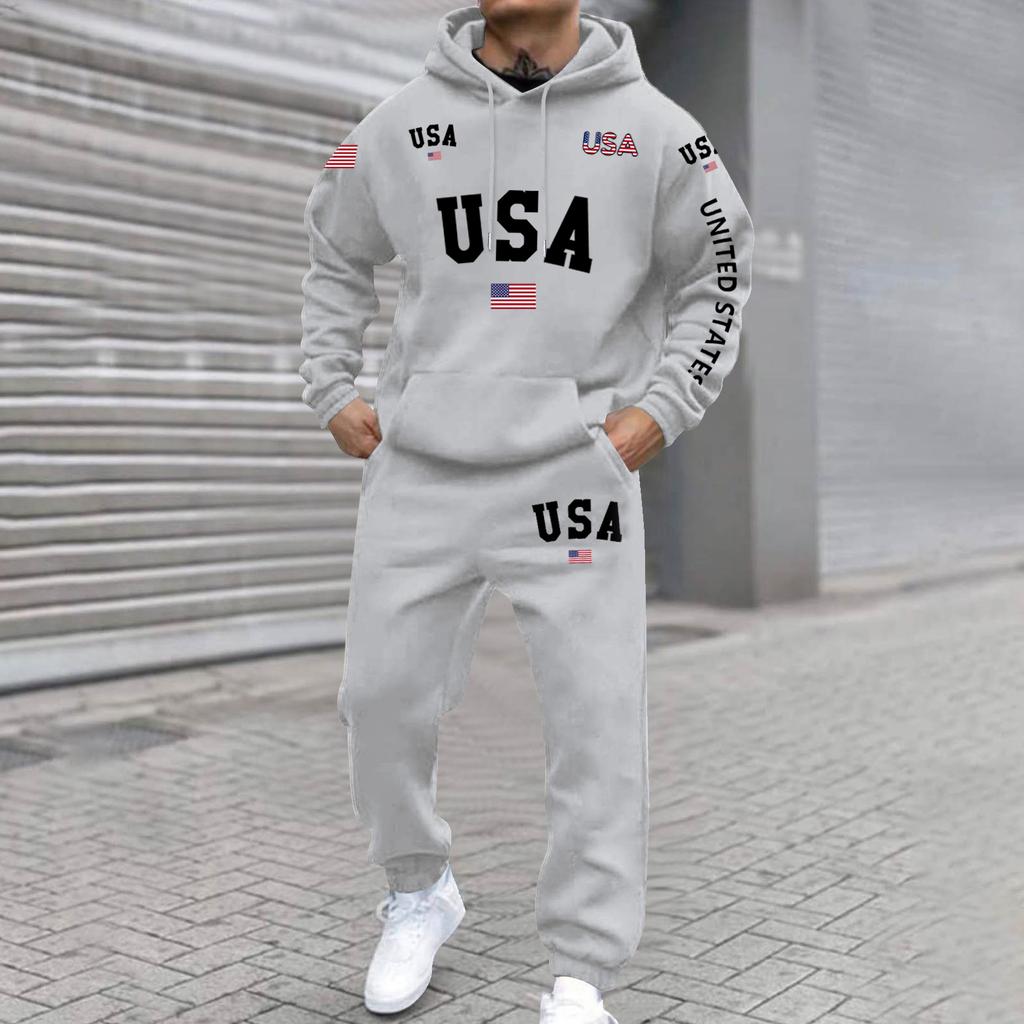 Mens Hooded Sweatshirt and Jogger Pants Set USA Letter Print Pullover Hoodie Long Sleeve Tracksuit Sportswear Outfit