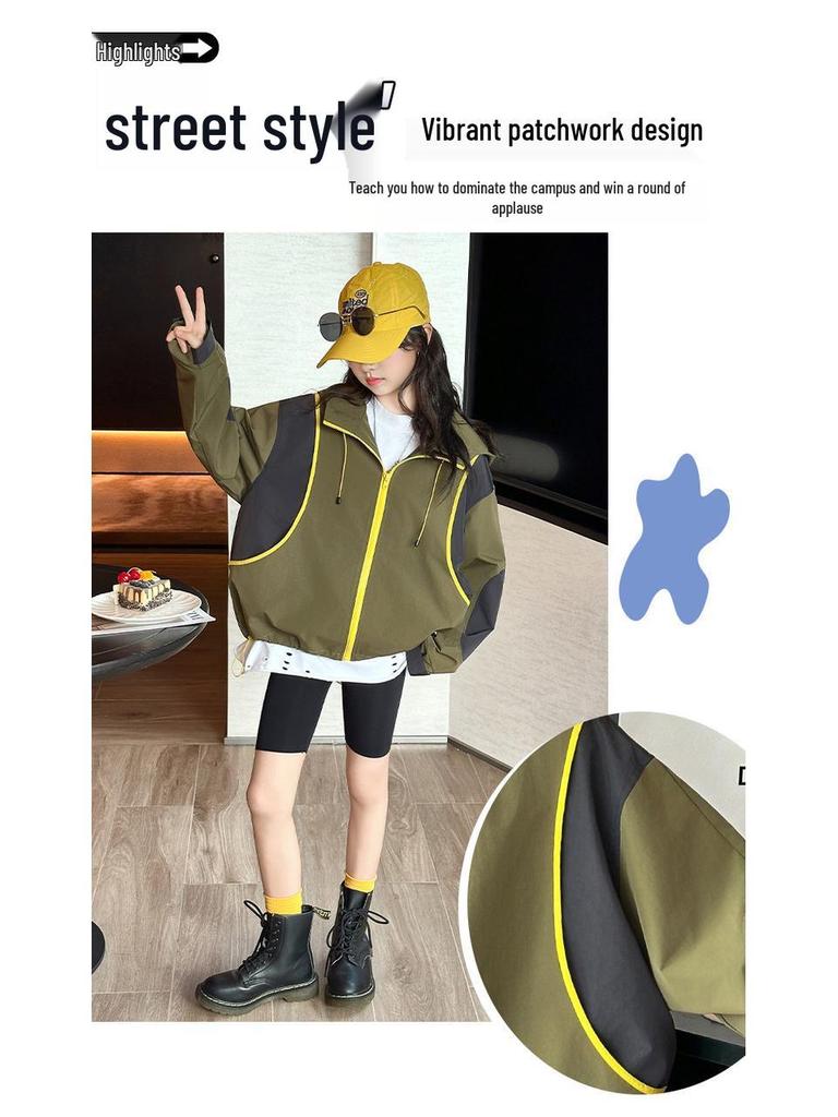 Flickors färgblocksvindjacka - Vår/Höst 2025, Med huva, Vindtät, För mellanstora och stora barn