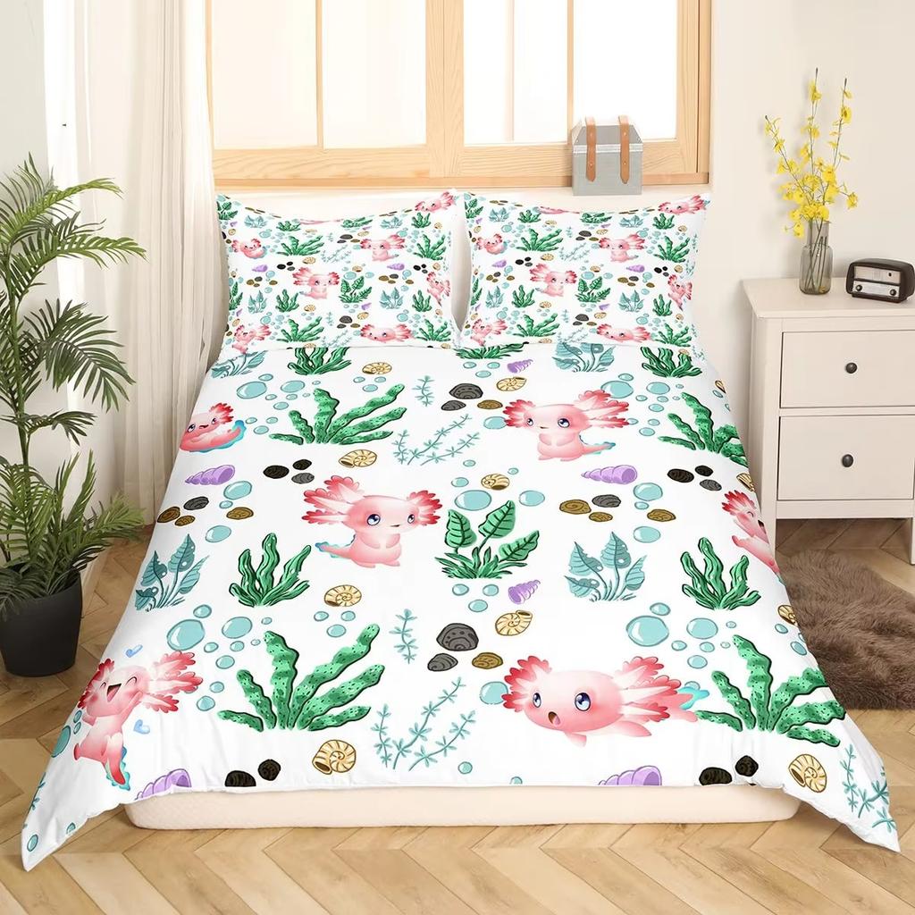 Karton Axolotl Weiches Bettbezug-Set Süßes Salamander-Bettwäsche-Set Kawaii Tierdecke Warme Deckenbezug für junge Jungen junge Mädchen Frauen Schlafzimmer Dekor