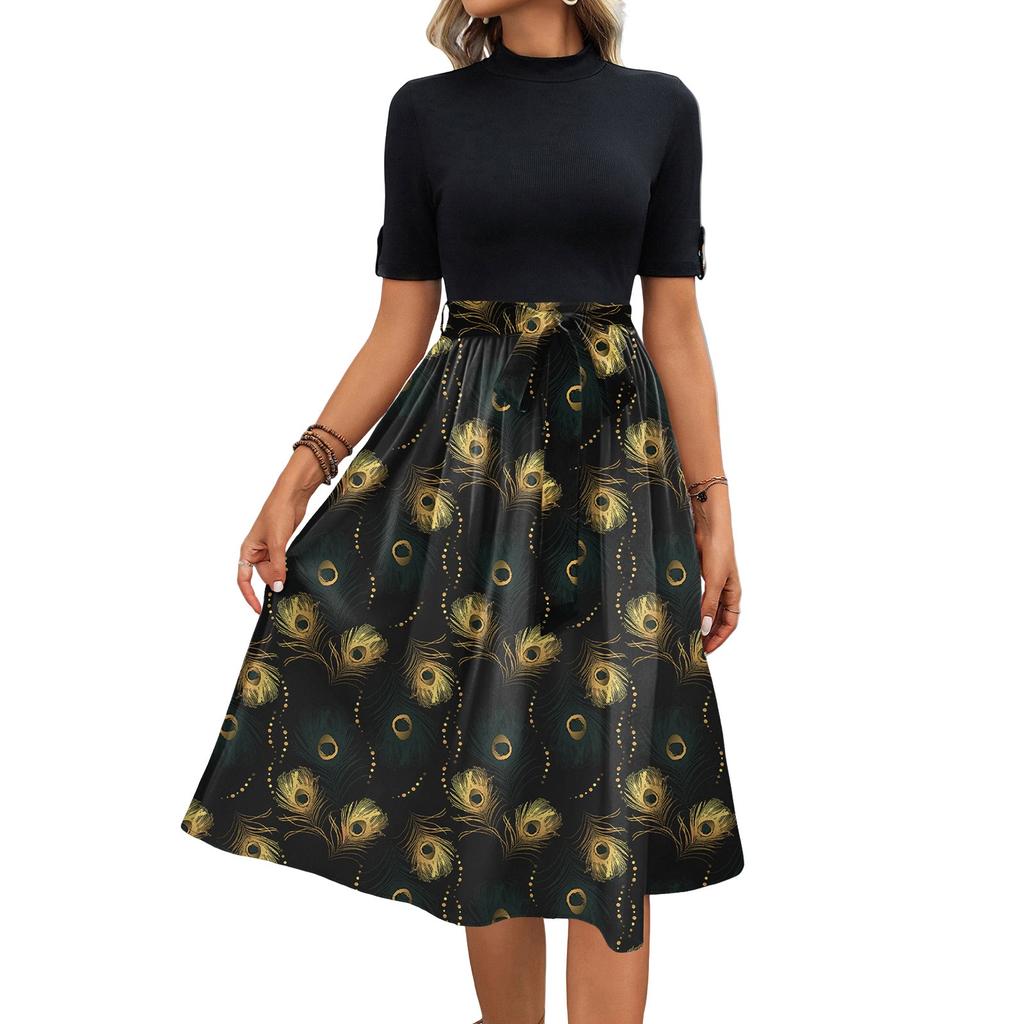 Women's Fashion Casual Belt Short Sleeve Round Neck Floral Elegant Temperament Dress