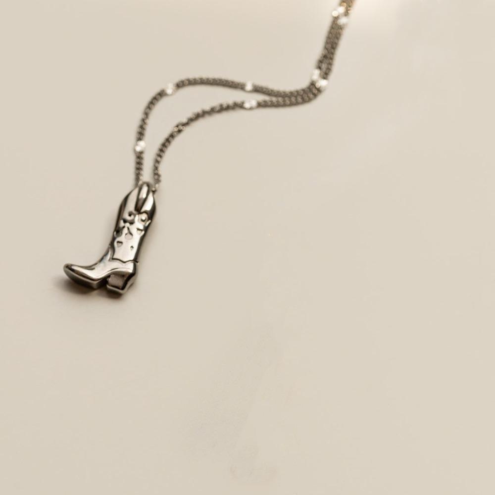 Silver Boot Cowboy Boot Necklace Stainless Steel Collarbone Chain Choker Necklace Pendant Unisex