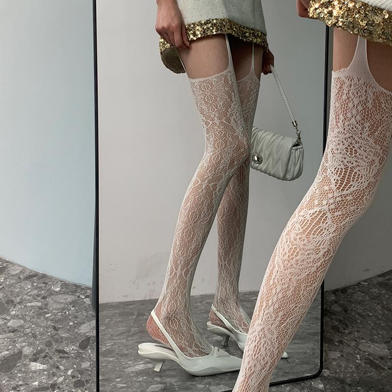Hollowed Out Lace Fishnet Suspender Socks Women Sexy Slim Nylon Mesh Thigh High Stockings White Tights Open Crotch Pantyhose