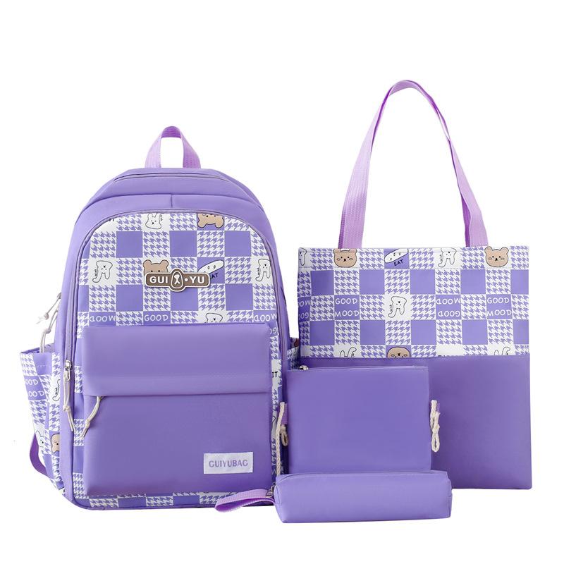 

New Small Fresh and Cute Plaid Backpack Cartoon Bear Fashion Color Block Girl Backpack Junior High School Student School Bag